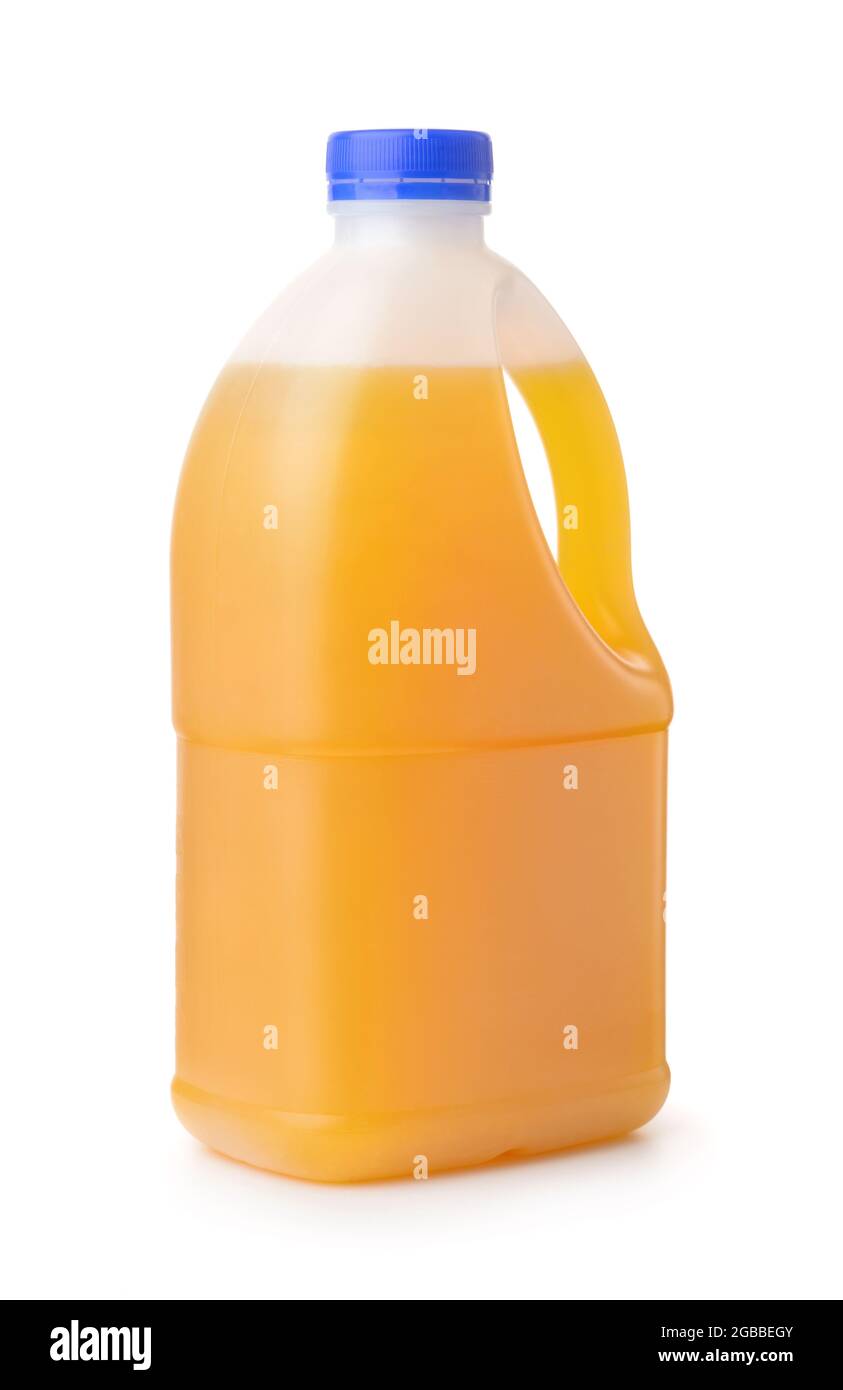 Plastic bottle of orange juice isolated on white Stock Photo