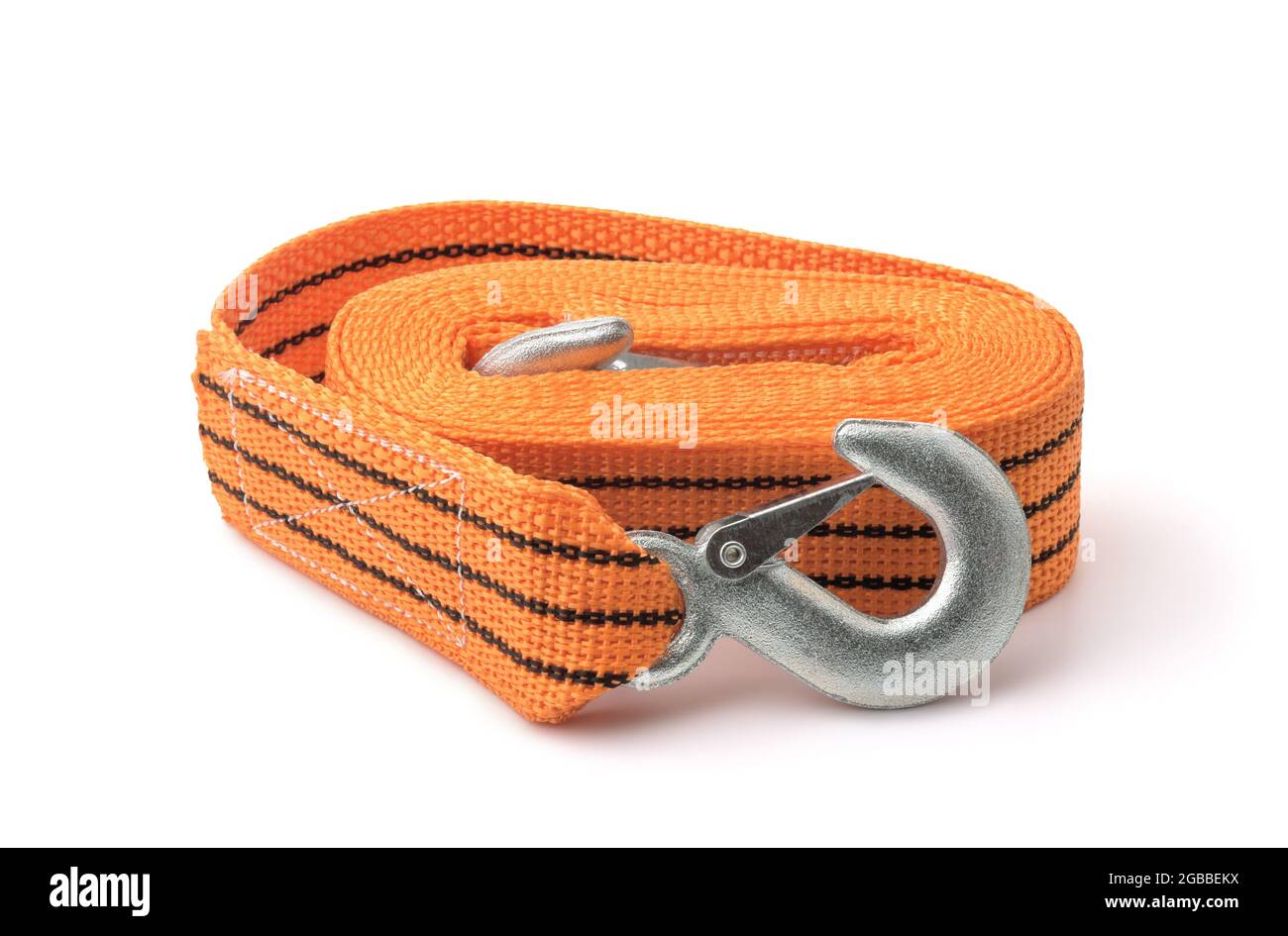 Rolled orange car tow rope with hooks isolated on white Stock Photo