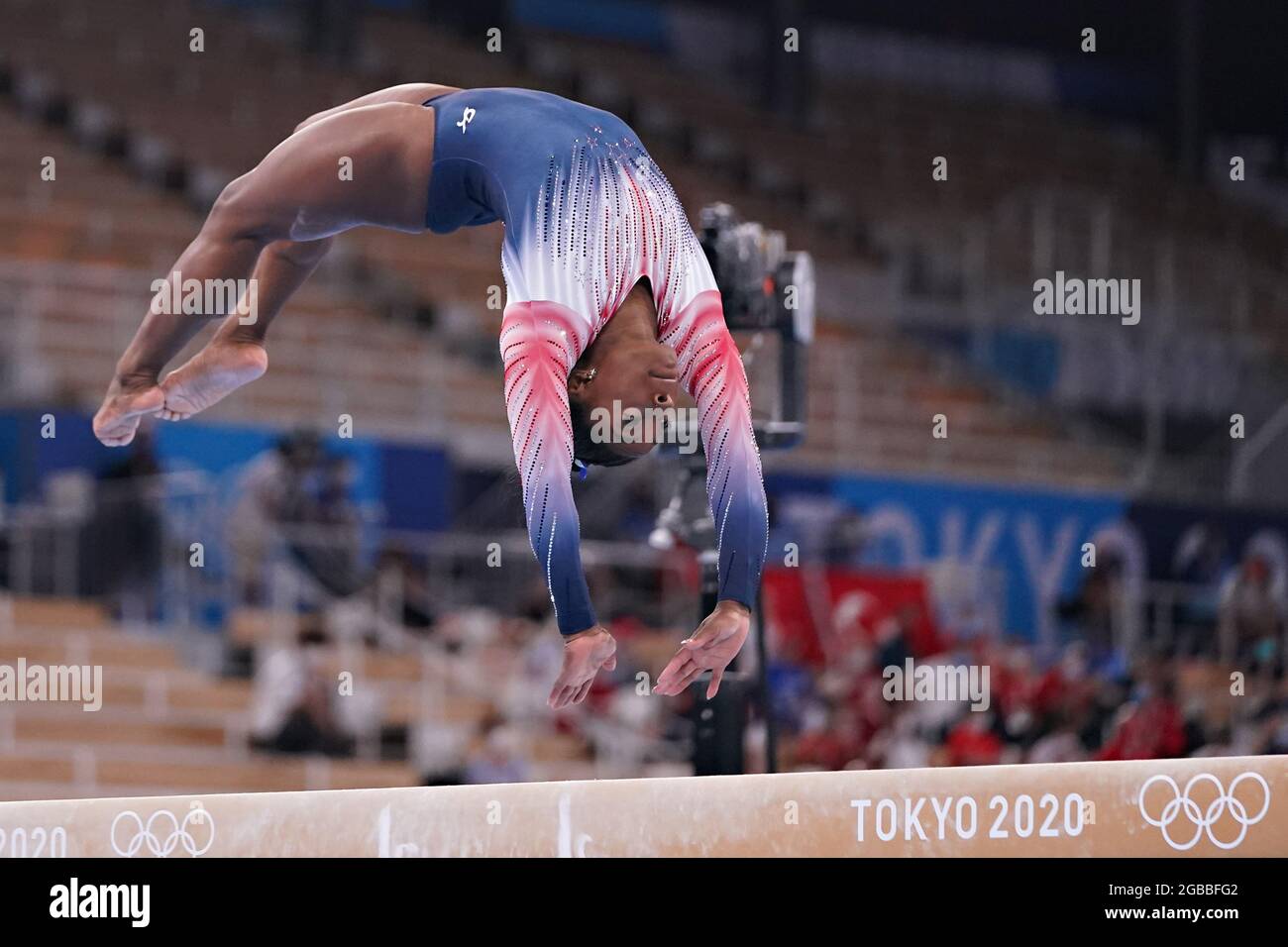 Simone Biles of the United States, performs her routine on the balance beam during the women's individual apparatus artistic gymnastics final at the Ariake Gymnastics Centre at the Tokyo Olympic Games in Tokyo, Japan, on Tuesday, August 3, 2021.  Photo by Richard Ellis/UPI Stock Photo
