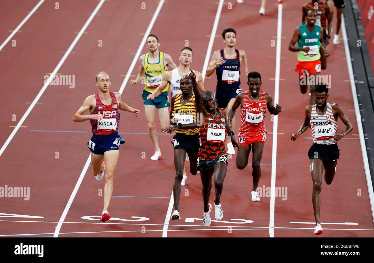 Tokyo Olympics Athletics Men S 5000m Round 1 Olympic Stadium Tokyo Japan August 3 21 Nicholas Kipkorir Kimeli Of Kenya Crosses The Line To Finish First Ahead