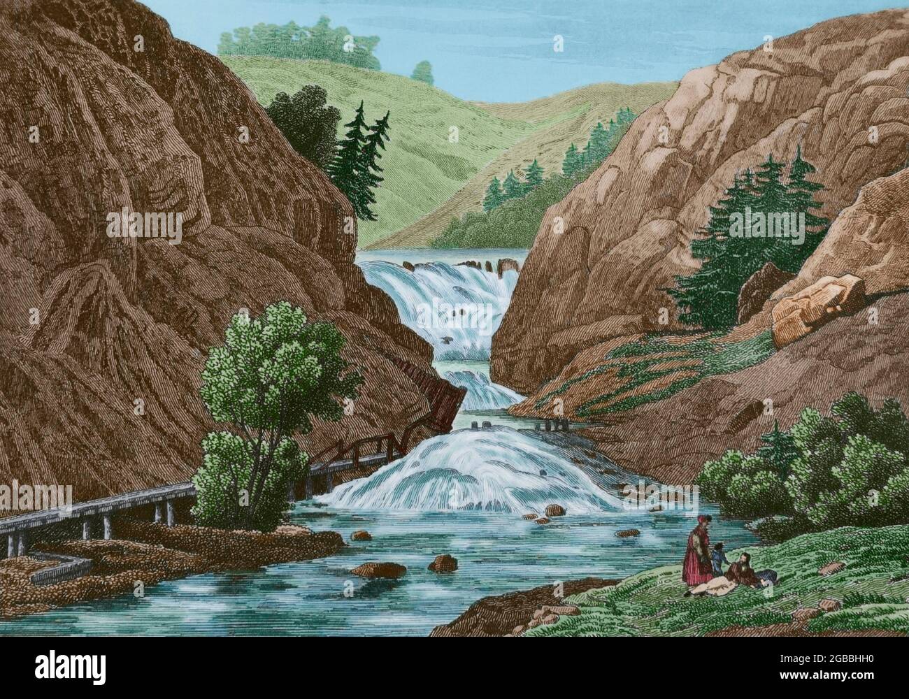 United States of America. Waterfalls at Mount Ida. Engraving by Milbert. Panorama Universal. History of the United States of America, from 1st edition of Jean B.G. Roux de Rochelle's Etats-Unis d'Amérique in 1837. Spanish edition, printed in Barcelona, 1850. Later colouration. Author: Jacques Gerard Milbert (1766-1840). French engraver. Stock Photo