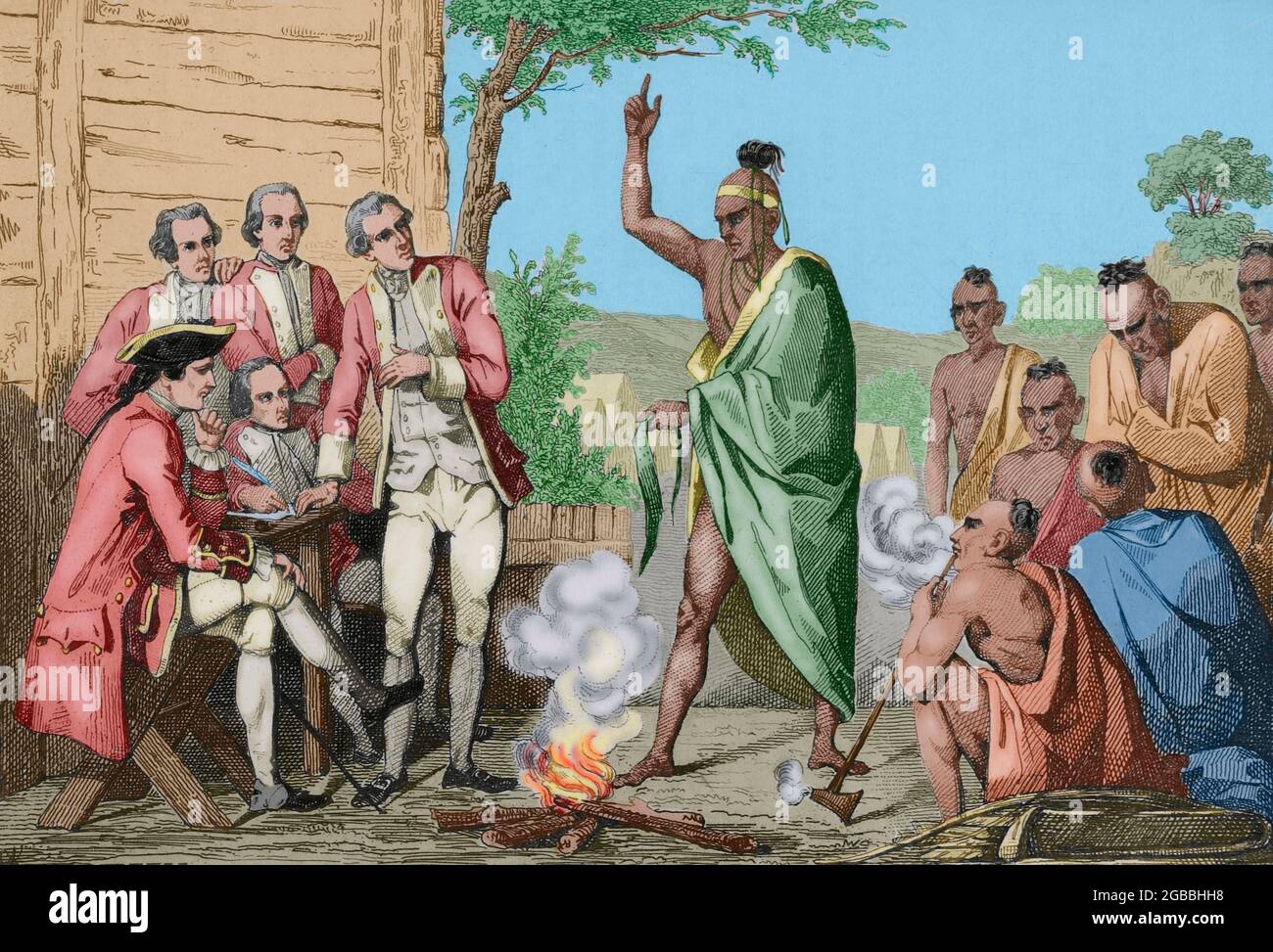 History of the United States of America. Native American council and conquistadors meeting around a fire. Engraving by Vernier. Panorama Universal. History of the United States of America, from 1st edition of Jean B.G. Roux de Rochelle's Etats-Unis d'Amérique in 1837. Spanish edition, printed in Barcelona, 1850. Later colouration. Stock Photo