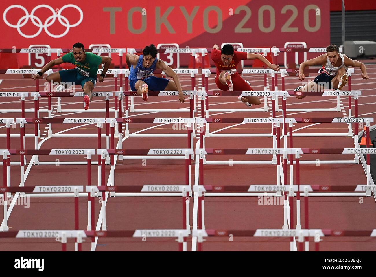Tokyo, Japan. 3rd Aug, 2021. (from L to R)Rafael Pereira of Brazil, Chen Kuei-Ru of Chinese Taipei, Xie Wenjun of China and David King of the Great Britain compete during the Men's 110m Hurdles Heat at the Tokyo 2020 Olympic Games in Tokyo, Japan, Aug. 3, 2021. Credit: Li Yibo/Xinhua/Alamy Live News Stock Photo