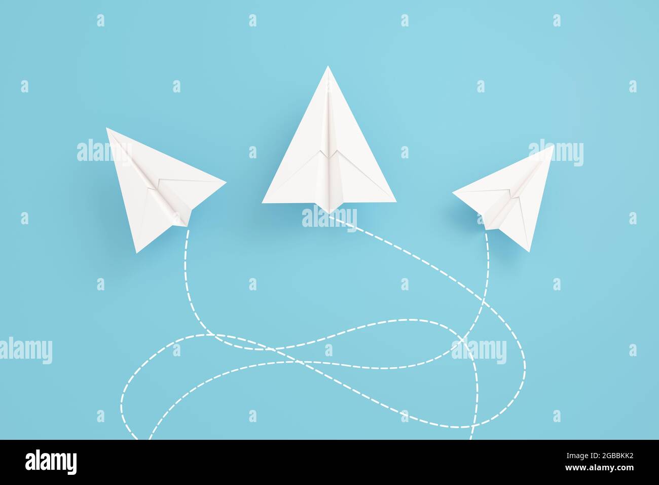 Bended paper planes are flying differnt directions. Aerospace industrie and air control concept. . High quality 3d illustration Stock Photo