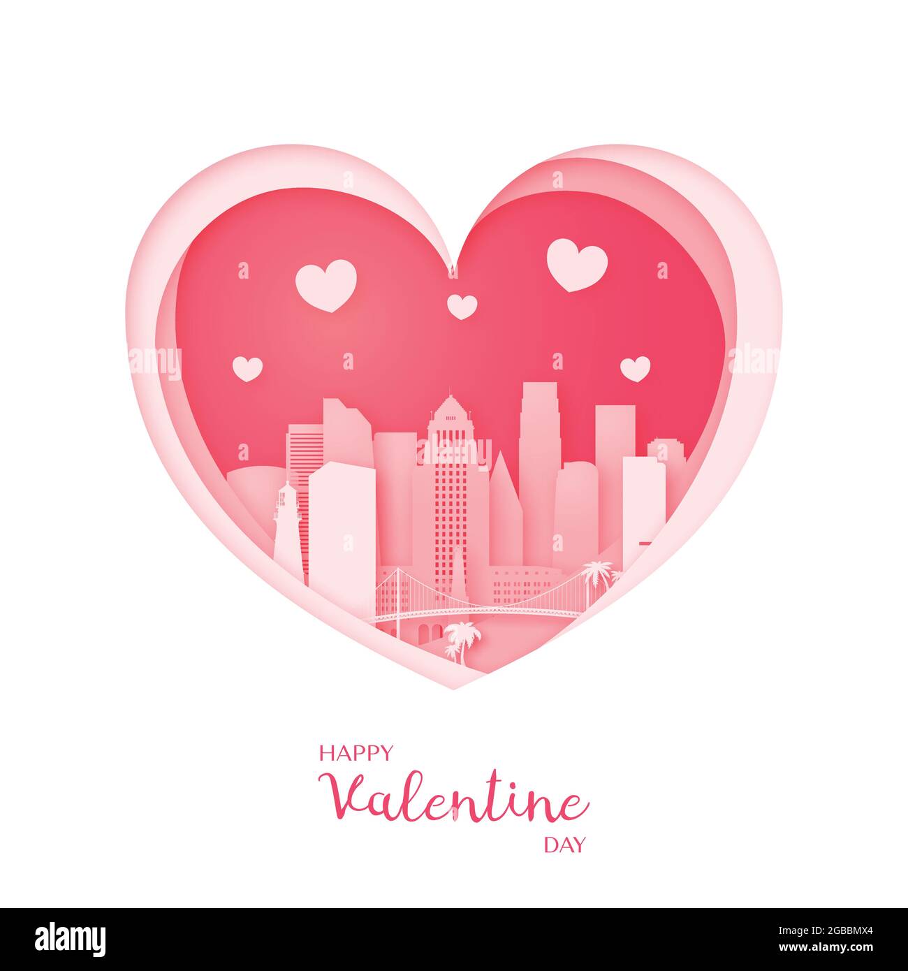 Valentines card. Paper cut heart and city of Los Angeles. Happy