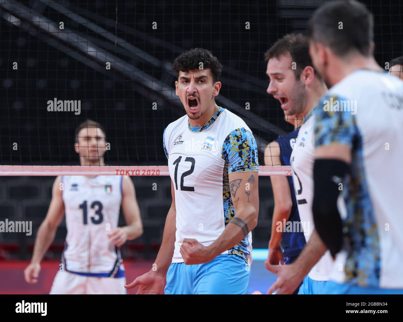 Tokyo, Japan. 3rd Aug, 2021. Bruno Lima (C) of Argentina celebrates scoring during the men's quarterfinal of volleyball between Argentina and Italy at the Tokyo 2020 Olympic Games in Tokyo, Japan, Aug. 3, 2021. Credit: Ding Ting/Xinhua/Alamy Live News Stock Photo