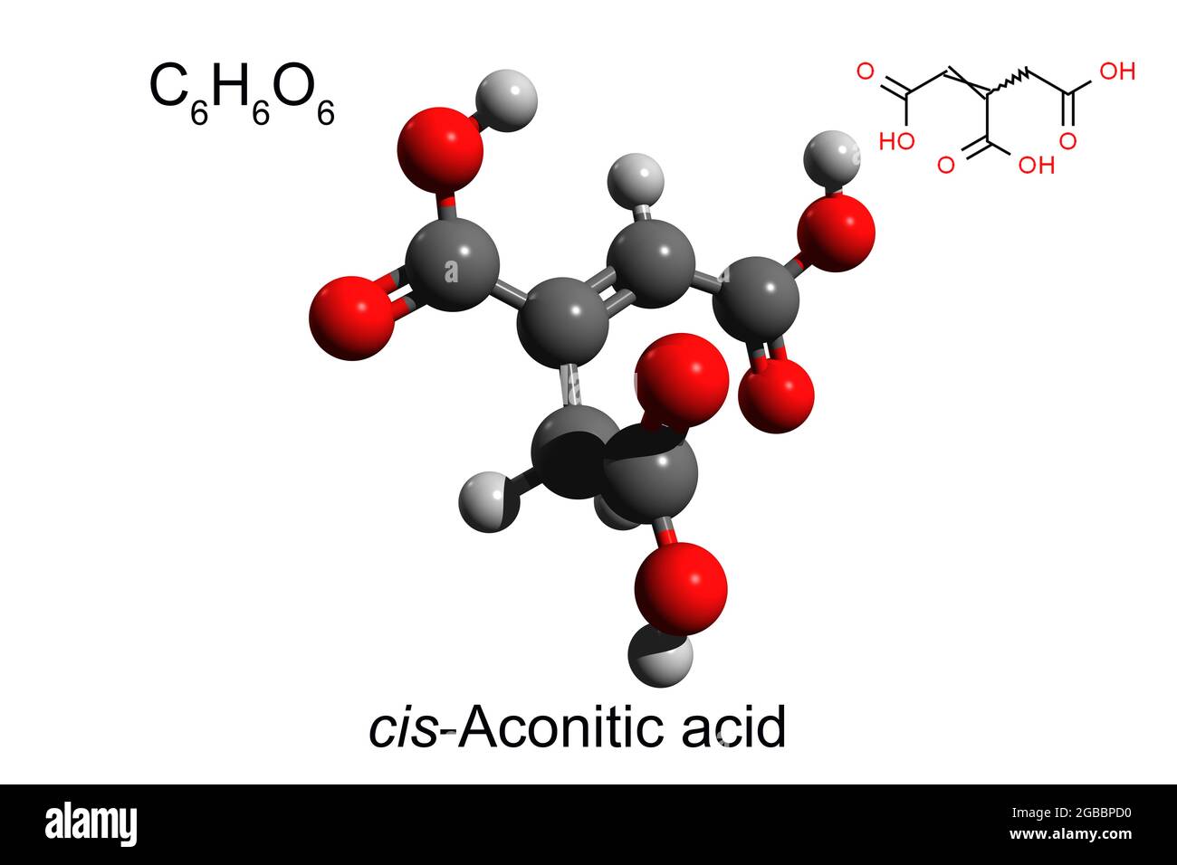 Chemical formula, skeletal formula and 3D ball-and-stick model of cis-aconitic acid, white background Stock Photo