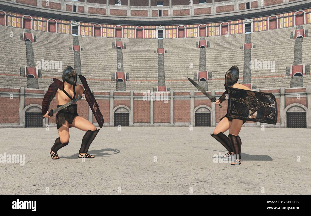 Thracian gladiators fight in the colosseum in ancient Rome Stock Photo