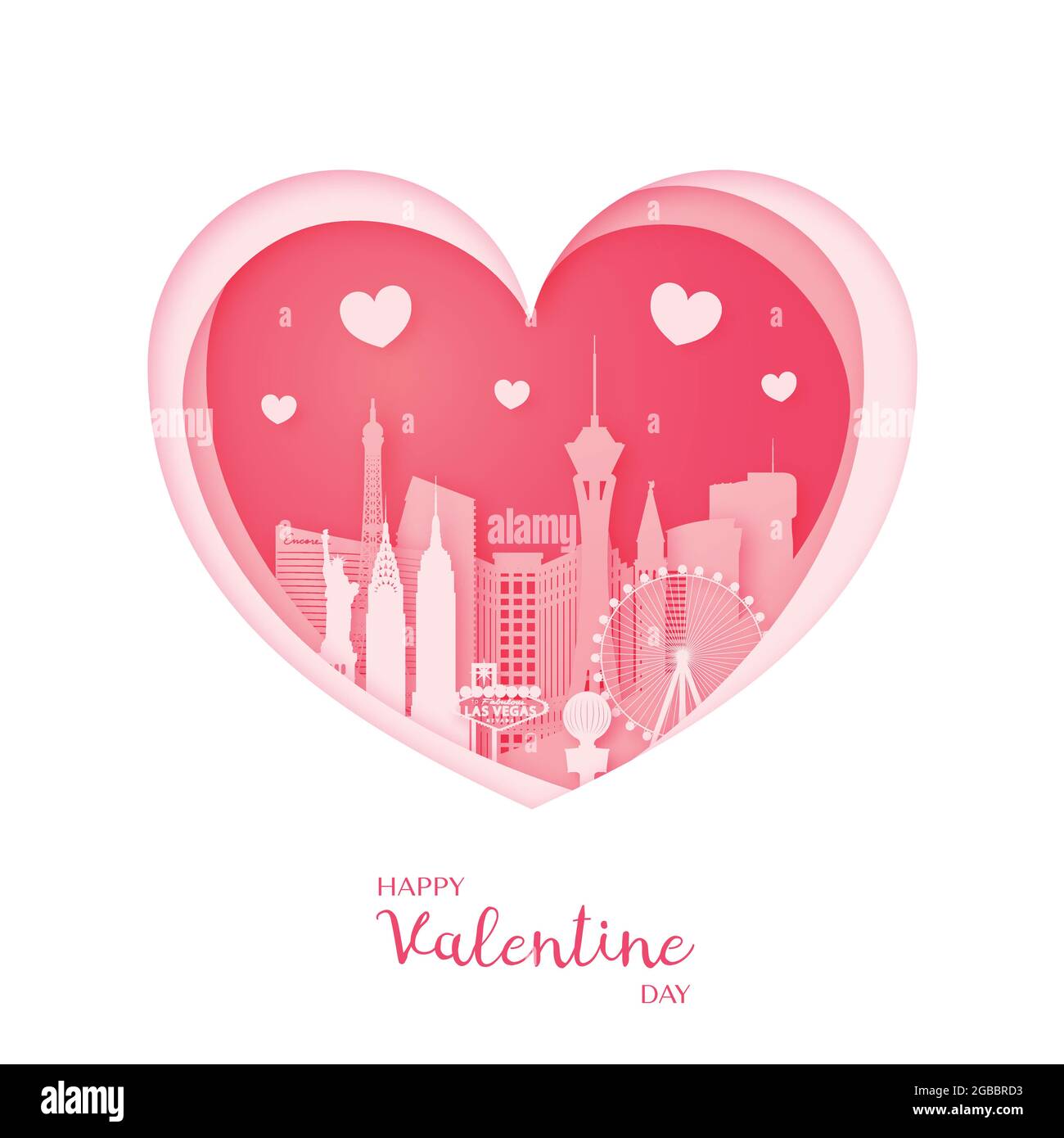 Valentines card. Paper cut heart and the city Las Vegas. Happy