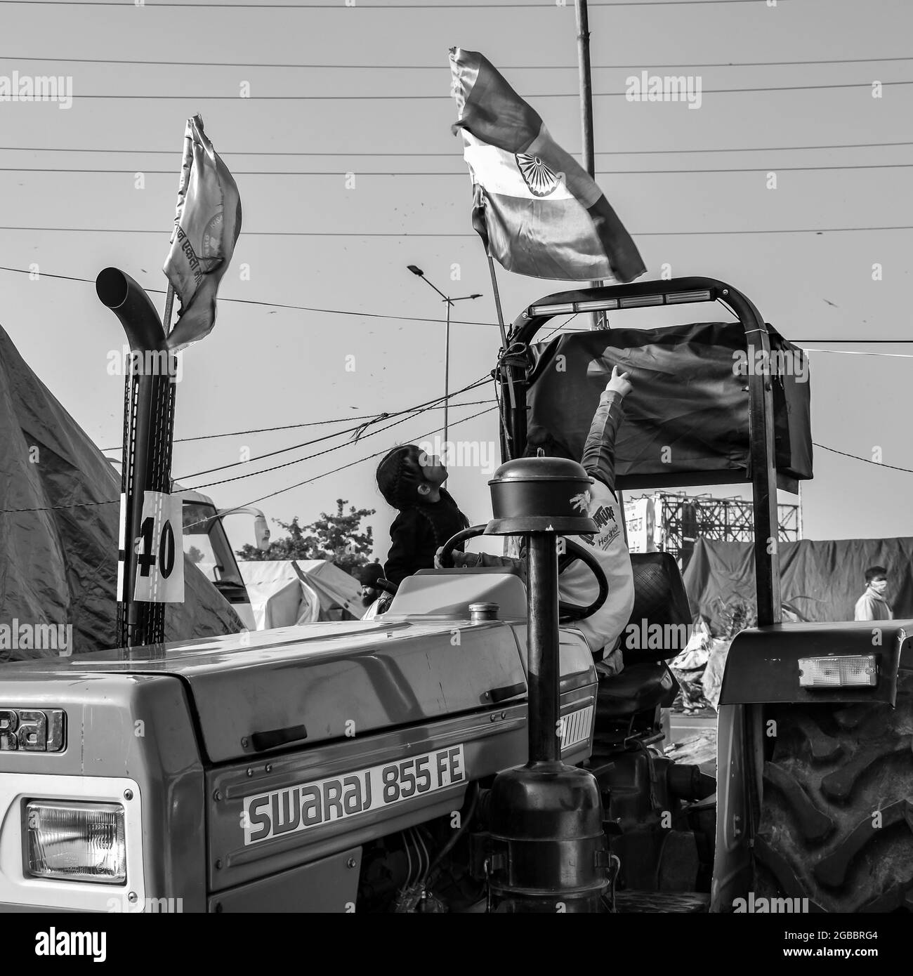 Gazipur, Delhi, India – December 25 2020 : Farmer Tractors parked at Delhi border where Indian Sikh and Hindu Farmers from Punjab, Uttar Pradesh and U Stock Photo