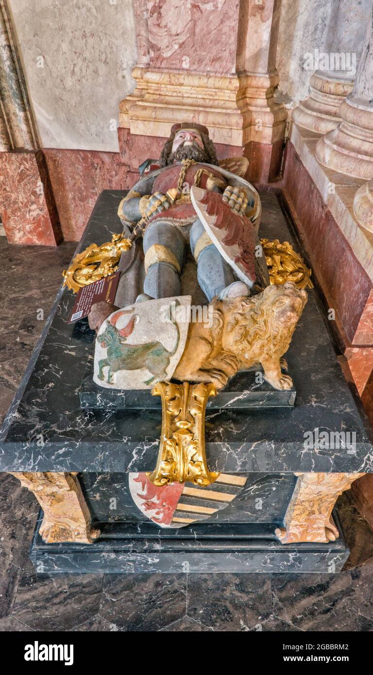 Sarcophagus, funeral effigy, of prince Bolko II Surowy, Silesian Piasts Mausoleum, Cistercian Abbey in Krzeszow, Lower Silesia, Poland Stock Photo