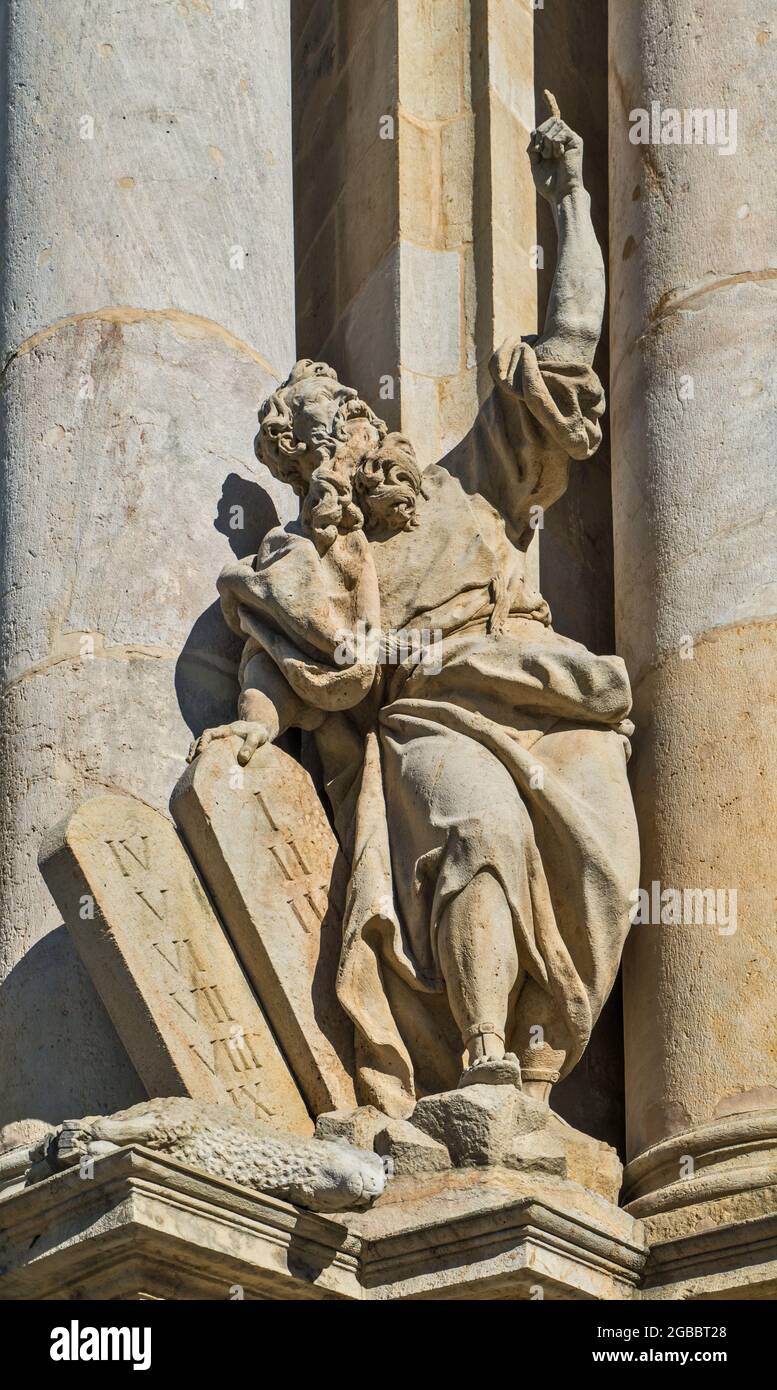 Moses with the Tablets of the Law, sculpture by Ferdinand Brokoff, 18th century, facade of Basilica of the Assumption of the Blessed Virgin Mary, Cistercian Abbey in Krzeszow, Lower Silesia, Poland Stock Photo
