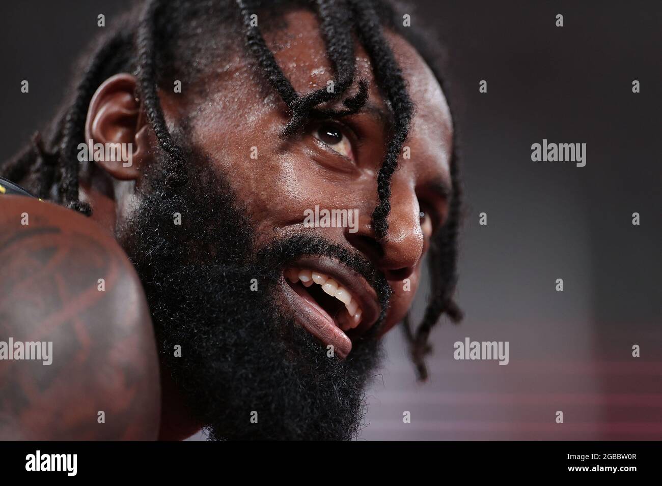 (210803) -- TOKYO, Aug. 3, 2021 (Xinhua) -- Rasheed Dwyer of Jamaica reacts during the men's 200m semifinal at Tokyo 2020 Olympic Games, in Tokyo, Japan, Aug. 3, 2021. (Xinhua/Li Gang) Stock Photo