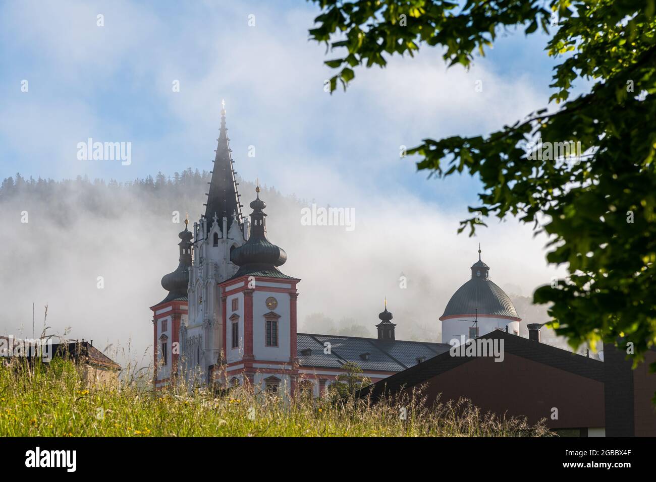 Basilica of the Birth of the Virgin Mary in Mariazell (Austria), foggy ...