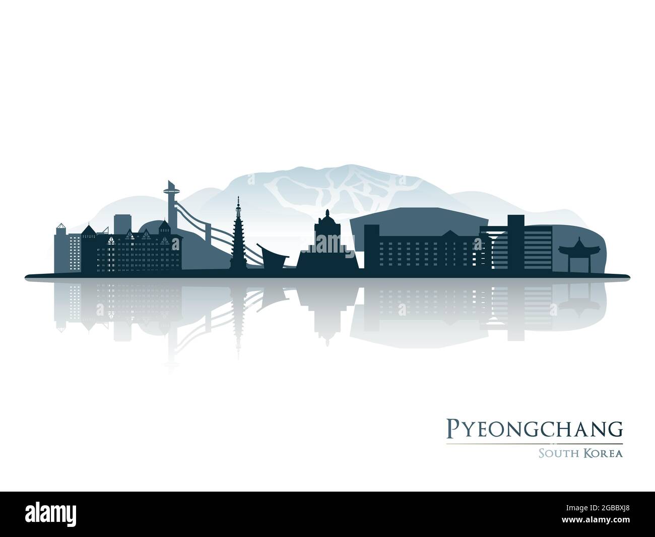 Pyeongchang skyline silhouette with reflection. Vector illustration. Stock Vector