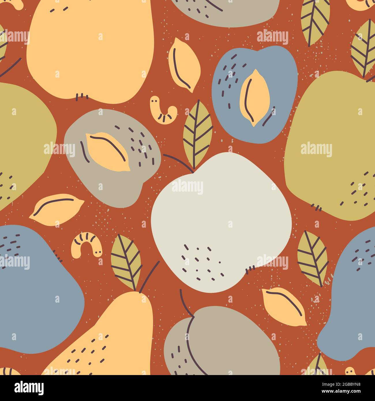 Seamless retro pattern. Autumn harvest of fruits apples, pears, plums, earthy colors. Stock Vector