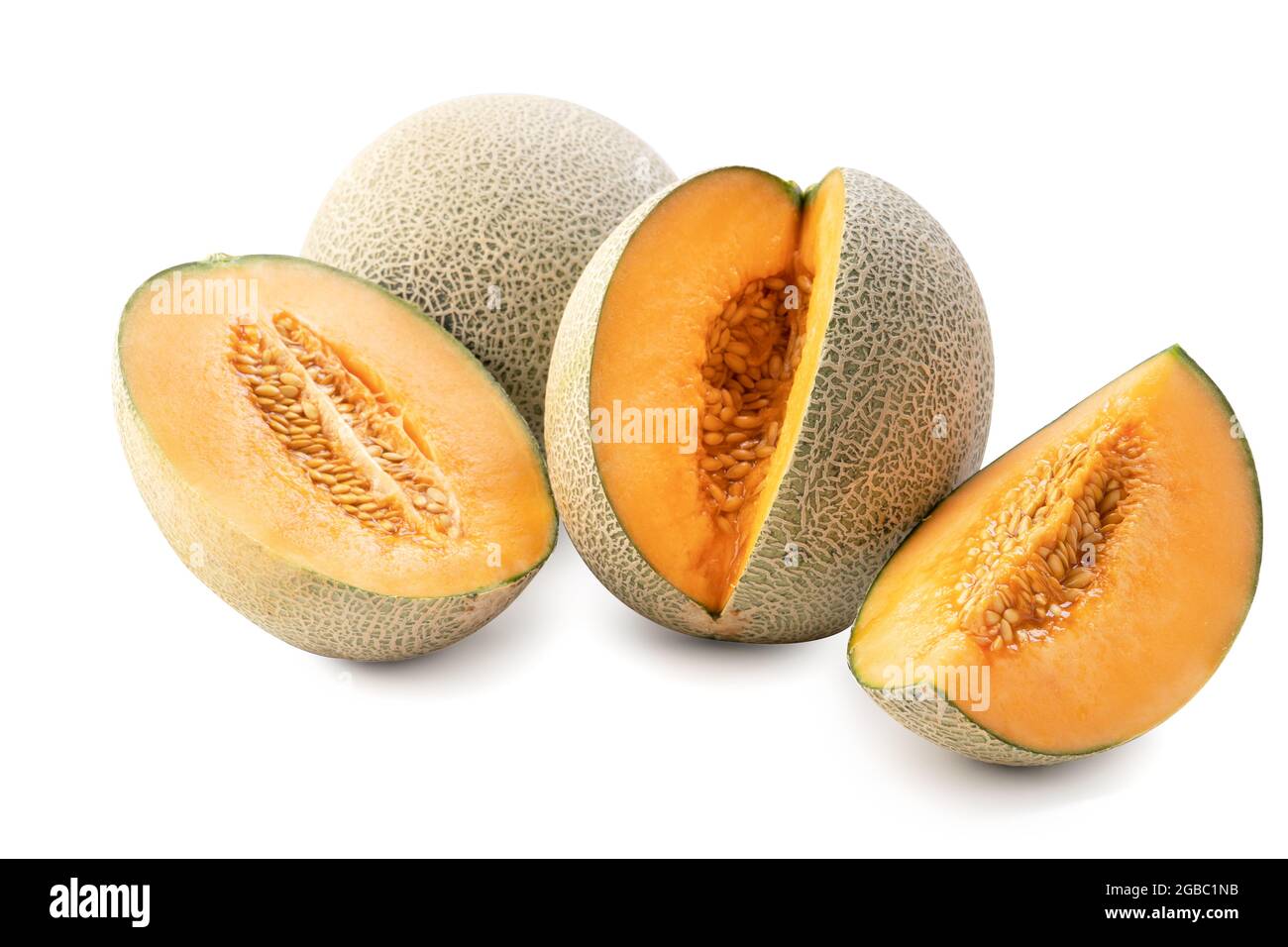 Close up of beautiful tasty sliced juicy cantaloupe melon, muskmelon, rock melon isolated on white background. Stock Photo