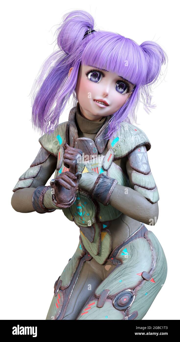 3D rendering of an anime teenager girl with purple hair in an