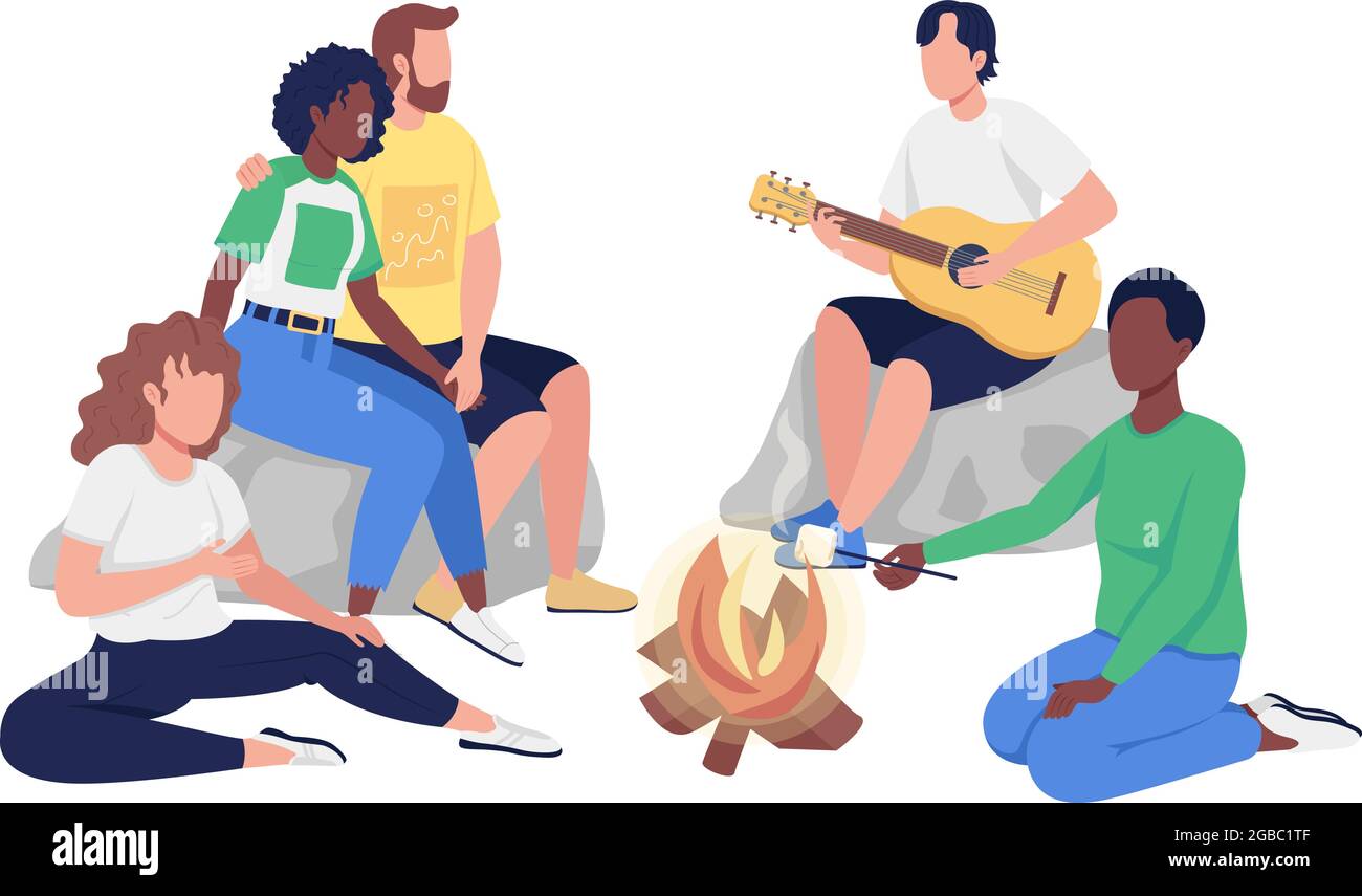 Friends sitting around campfire semi flat color vector characters Stock Vector