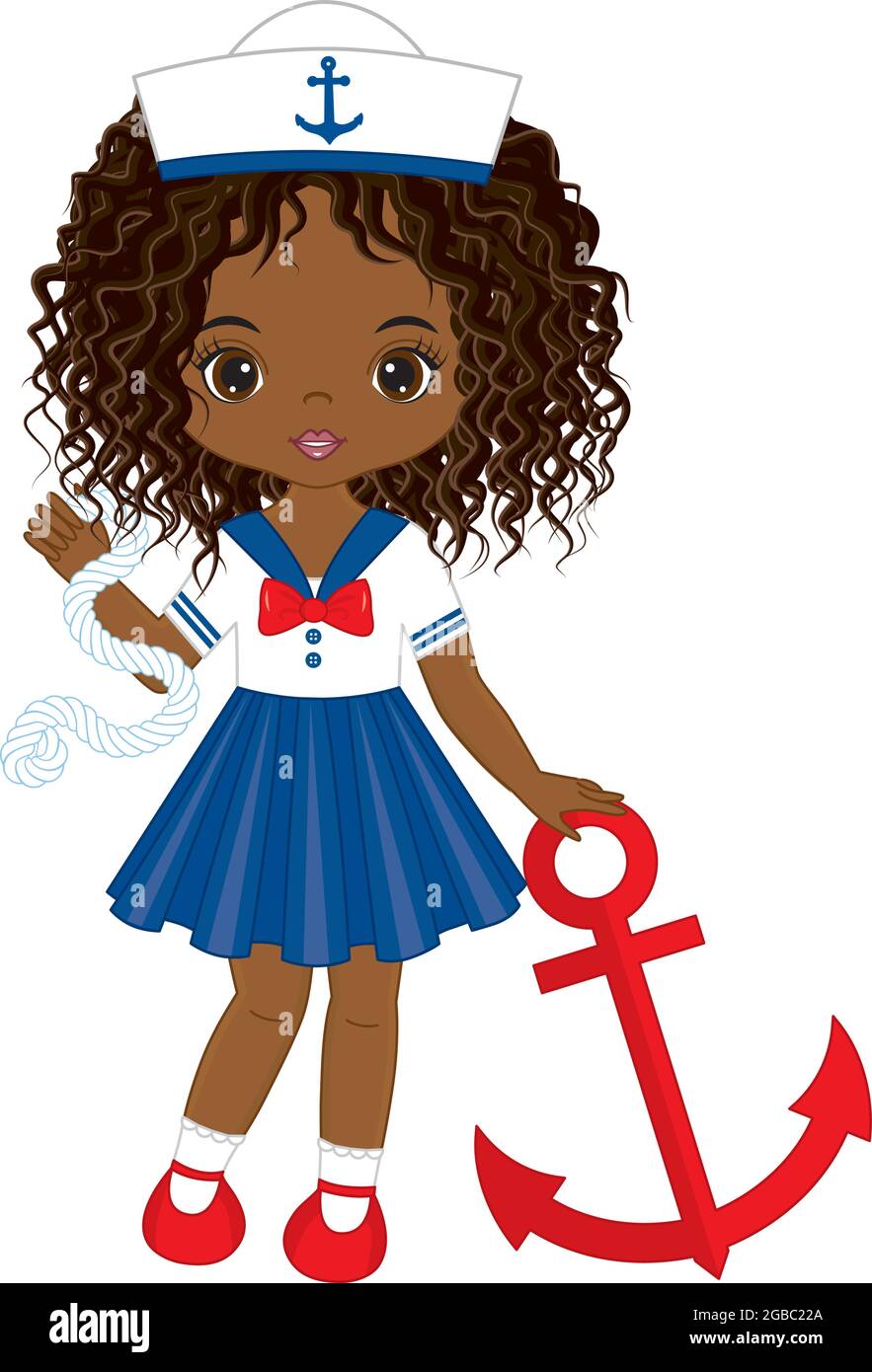 Cute Beautiful Black Girl Holding Anchor and Rope. Vector Nautical Girl