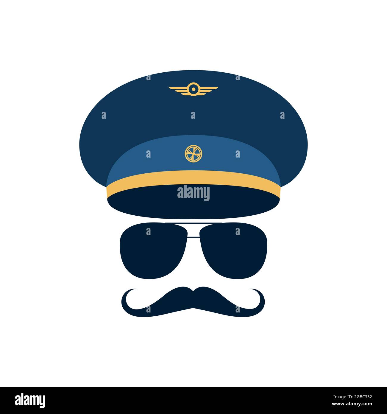 Portrait of pilot with mustache in cap and glasses. Vector illustration. Stock Vector