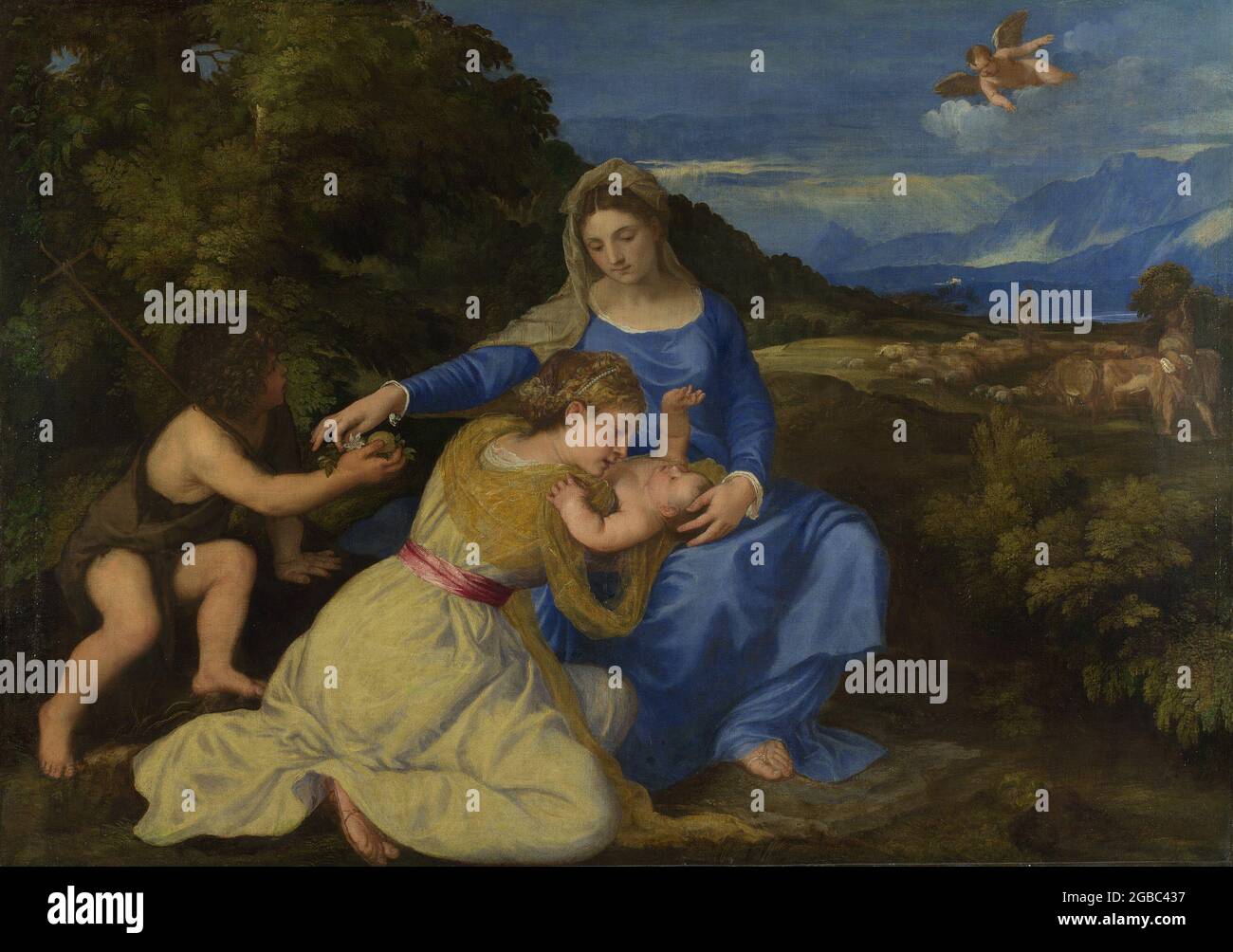 Title: The Virgin and Child with the Infant Saint John and a Female Saint or Donor ('The Aldobrandini Madonna') Creator: Titian - Tiziano Vecellio  Date: c. 1532 Medium: oil on canvas Dimensions: 100.6 x 142.2 cm Location: The National Gallery, London Stock Photo