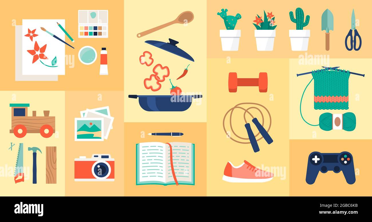 Creative hobby ideas and recreational activities that you can do at home, icons set Stock Vector