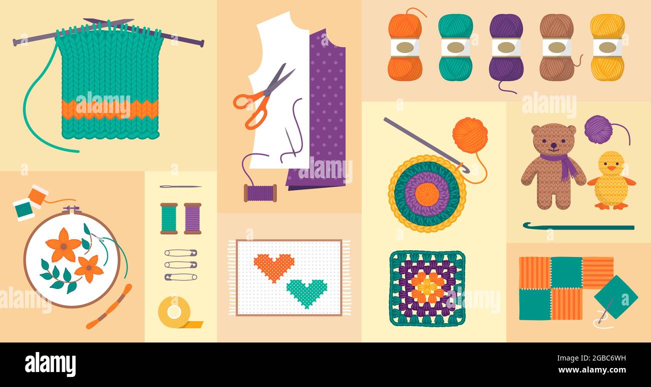 Creative sewing and needlework hobbies set: knitting, sewing, crochet and embroidery, crafts and leisure activities concept Stock Vector