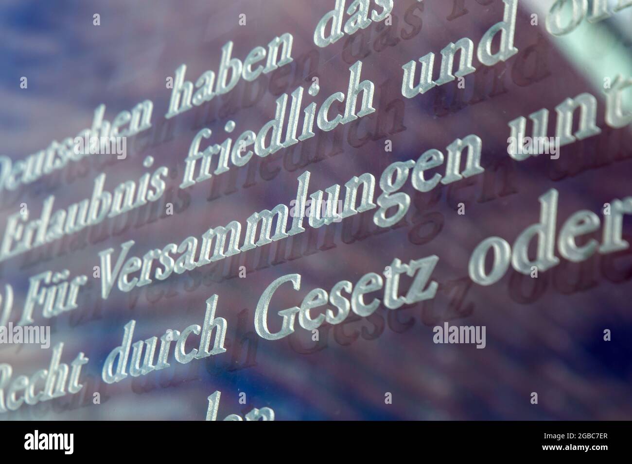German Basic Law Article 8, Freedom of assembly (Versammlungsfreiheit), photographed on the glass panes at Jakob-Kaiser-Haus in Berlin Stock Photo