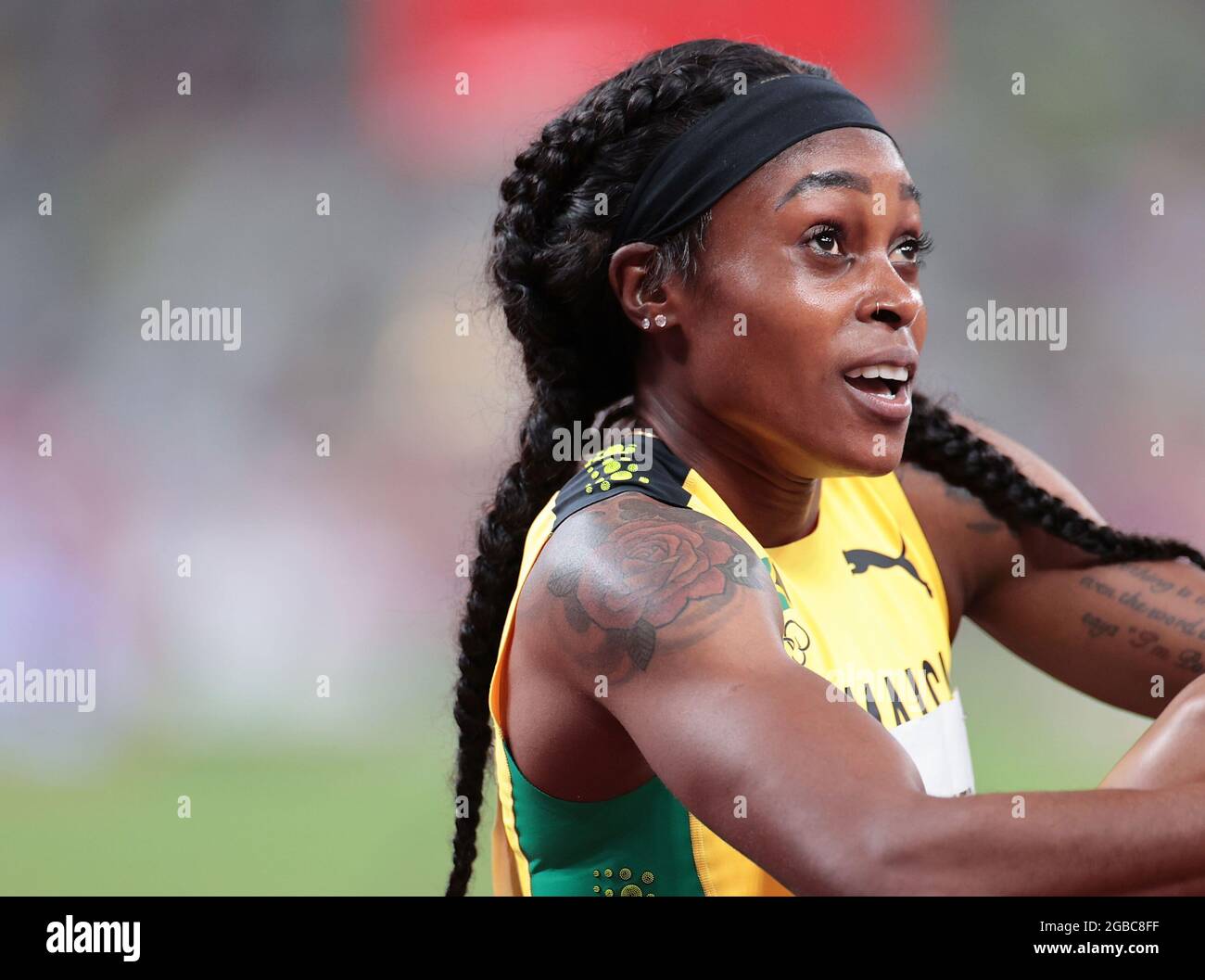 Tokyo, Japan. 3rd Aug, 2021. Elaine Thompson-Herah of Jamaica reacts ...