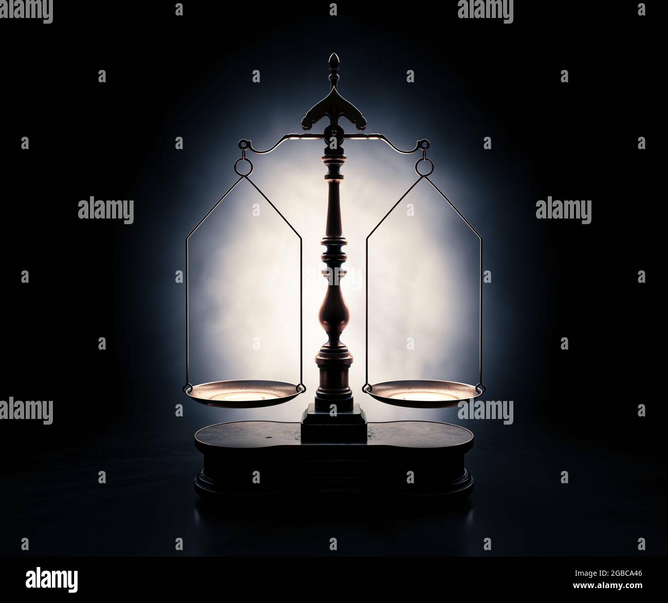 Ornate brass justice scales with a wooden base backlit on a dark moody background - 3D render Stock Photo