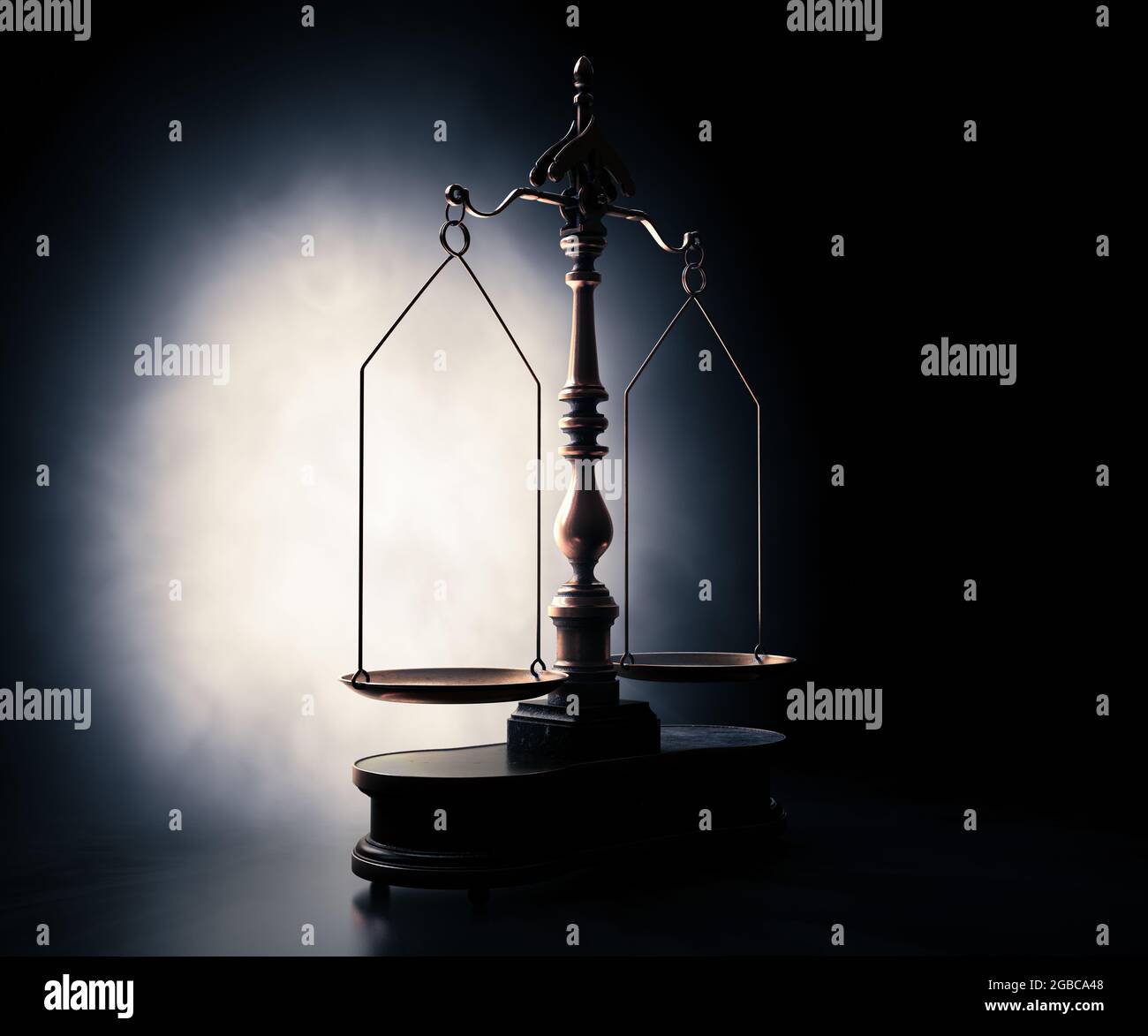 Ornate brass justice scales with a wooden base backlit on a dark moody background - 3D render Stock Photo