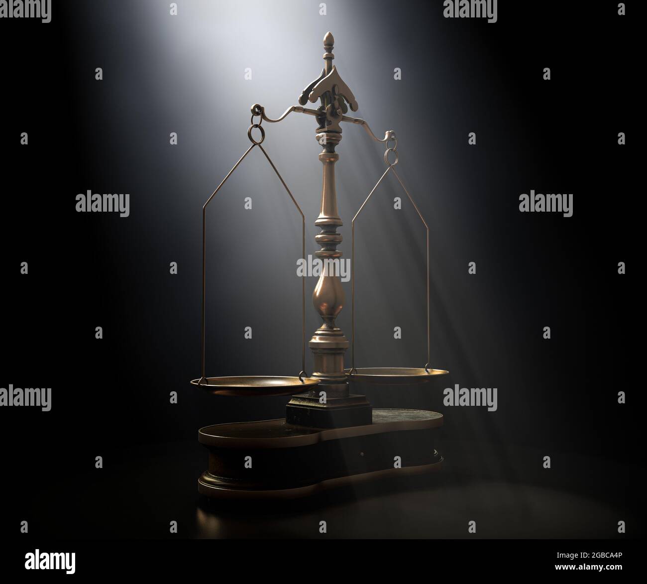 Ornate brass justice scales with a wooden base spotlit on a dark moody background - 3D render Stock Photo