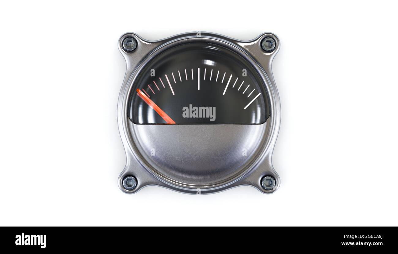 A vintage chrome gas gauge with the needle indicating empty tank on an