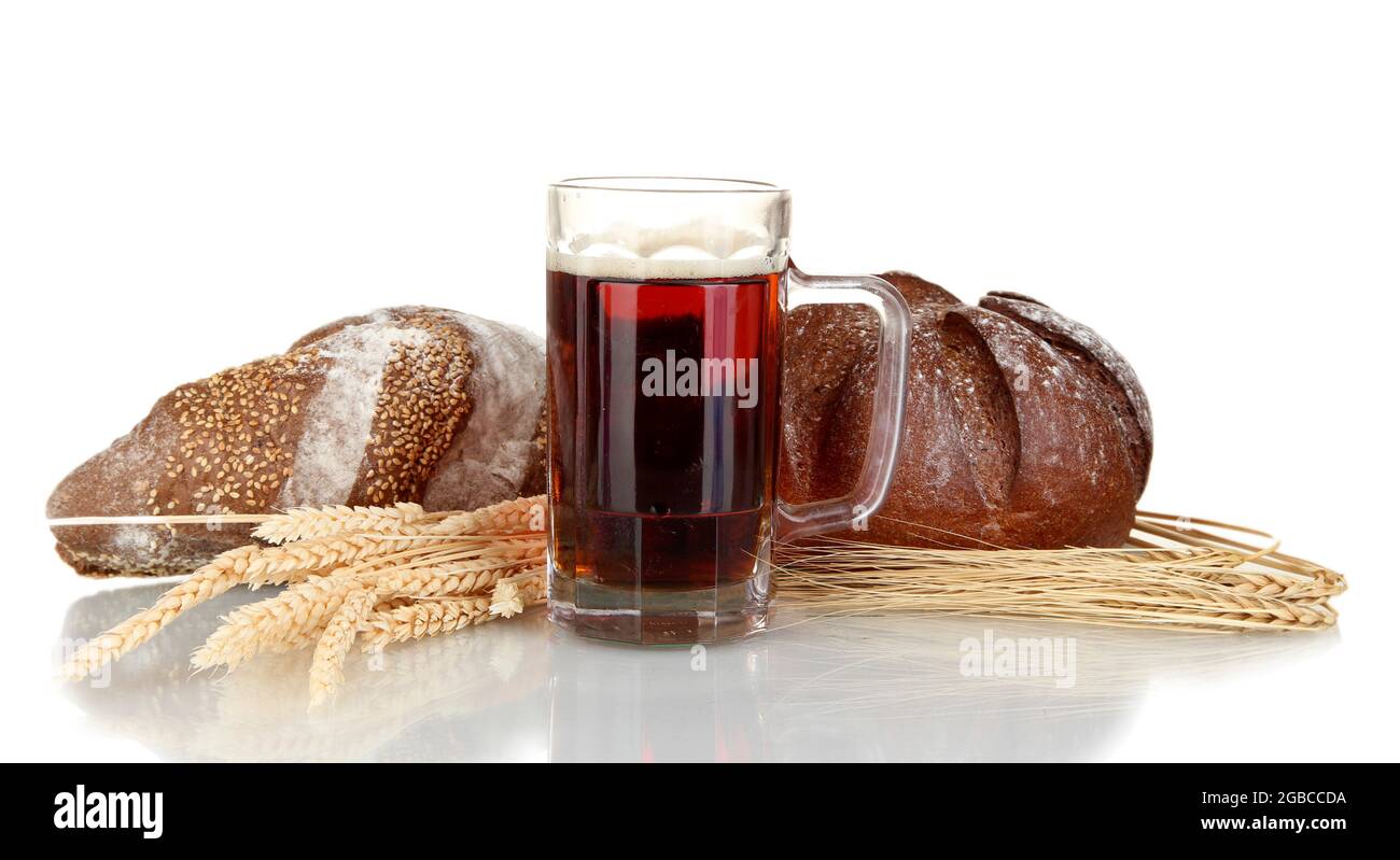 glass of kvass with bread isolated on white background Stock Photo