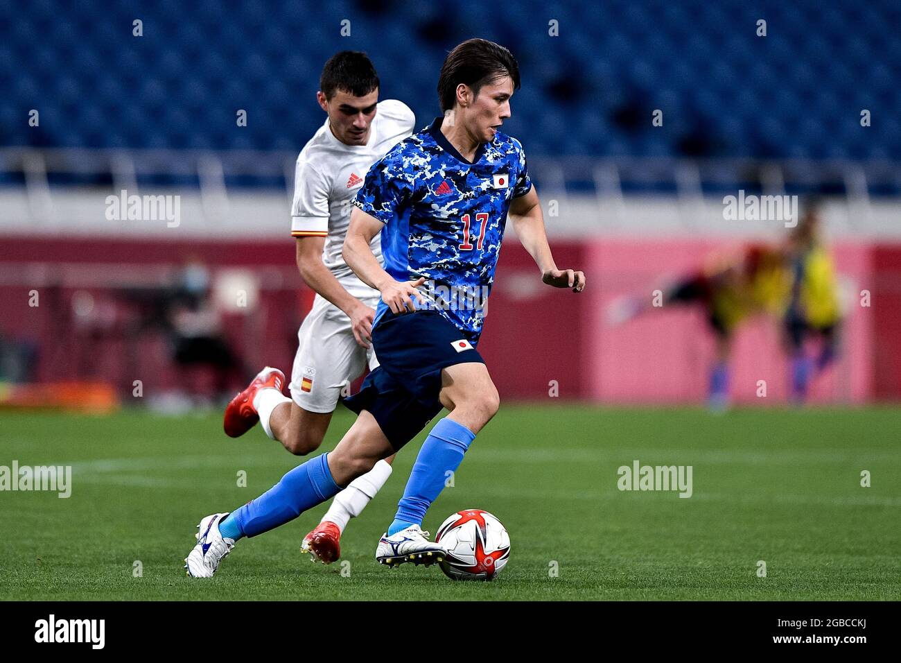 Saitama, Japan. 03rd July, 2021. SAITAMA, JAPAN - AUGUST 3: Pedri of Spain and Ao Tanaka of Japan during the Tokyo 2020 Olympic Mens Football Tournament Semi Final match between Japan and Spain at Saitama Stadium on August 3, 2021 in Saitama, Japan (Photo by Pablo Morano/Orange Pictures) Credit: Orange Pics BV/Alamy Live News Stock Photo