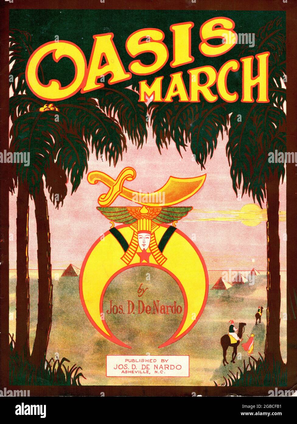 Oasis March, 1922 sheet music Shriner symbol of crescent moon, sword, desert, camels. Masonic