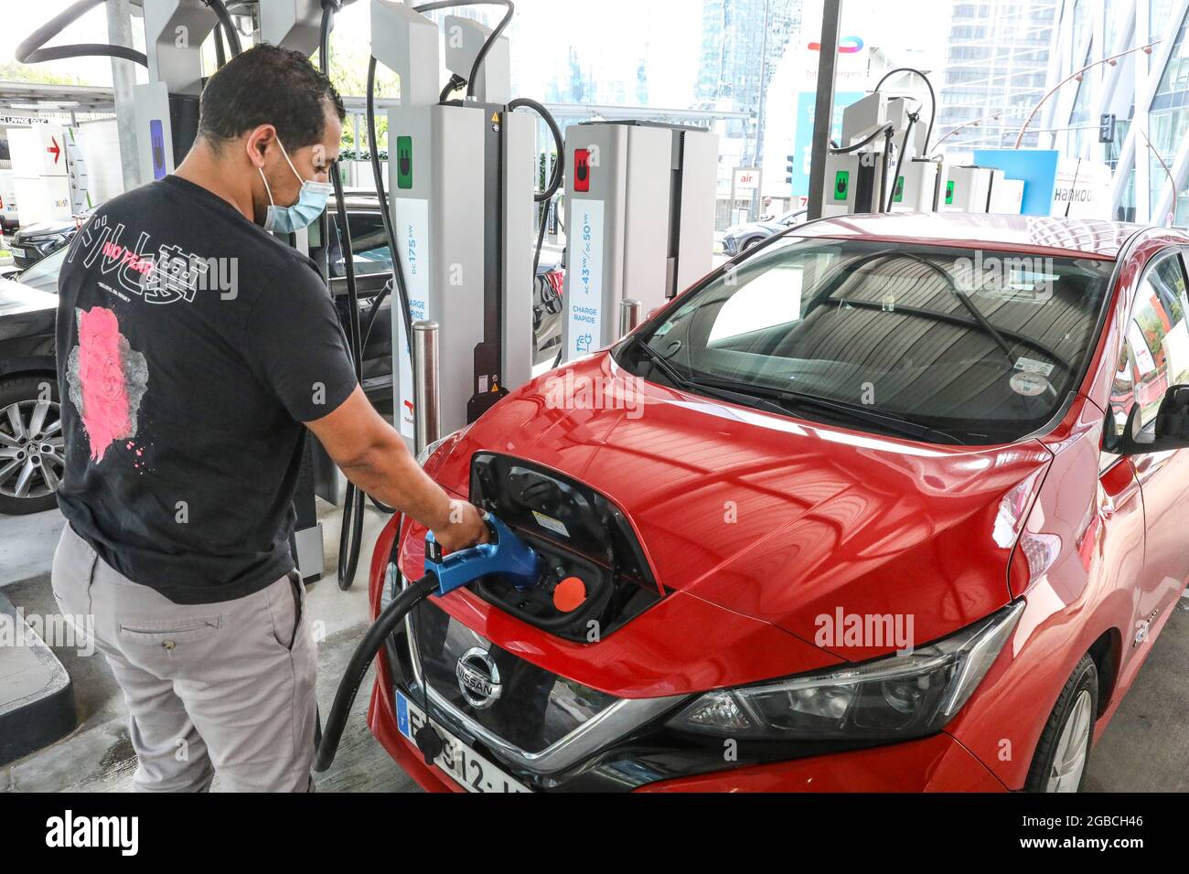 ELECTRIC CHARGING STATION TOTAL ENERGIES, LA DEFENSE, FRANCE Stock