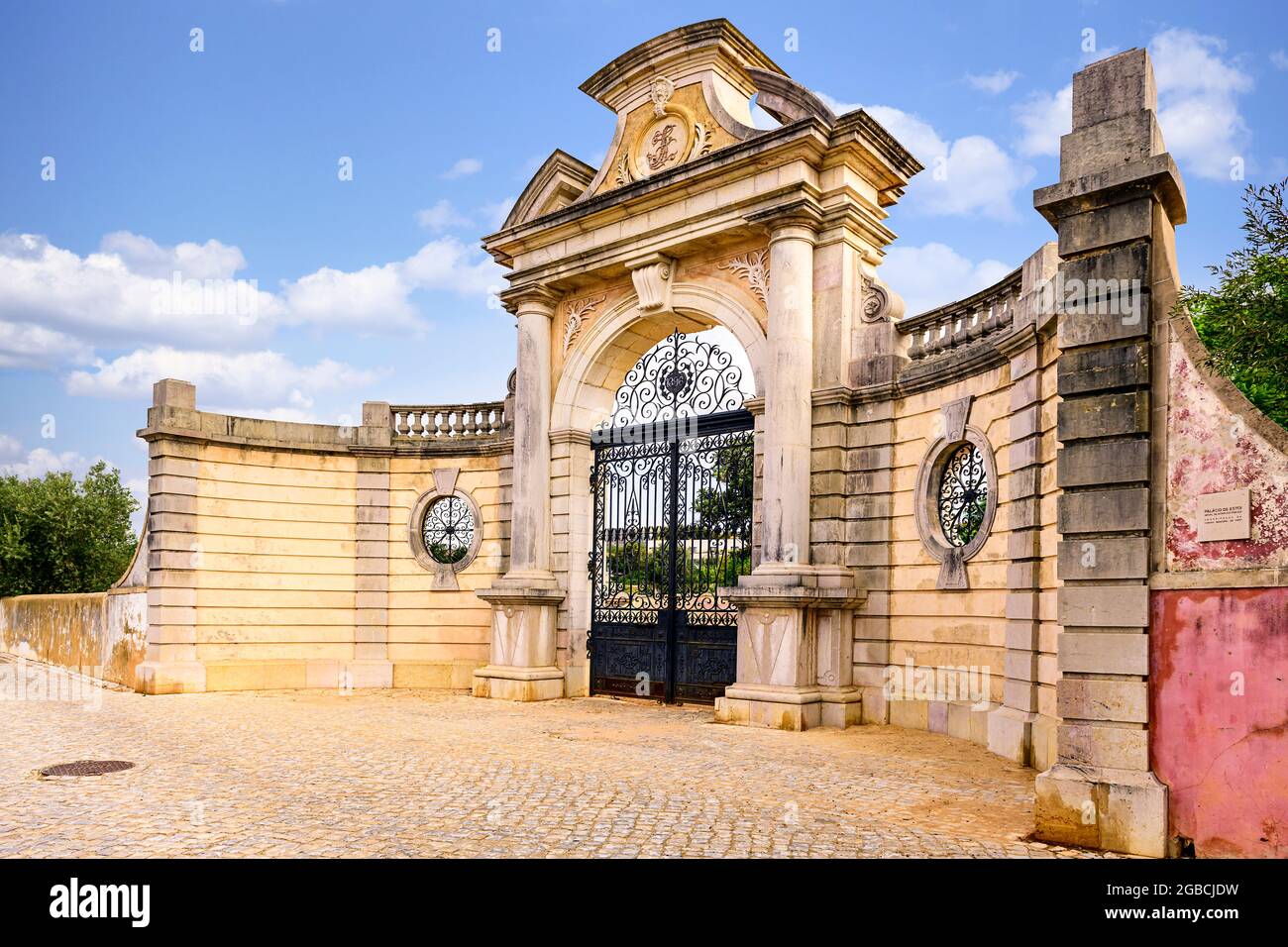 The grand gated entrance of Estoi palace, Palacio de Estoi. Estoi Algarve Portugal Stock Photo