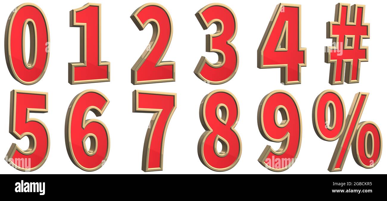 Large size set of high resolution red and gold metalic 3D numbers Stock Photo