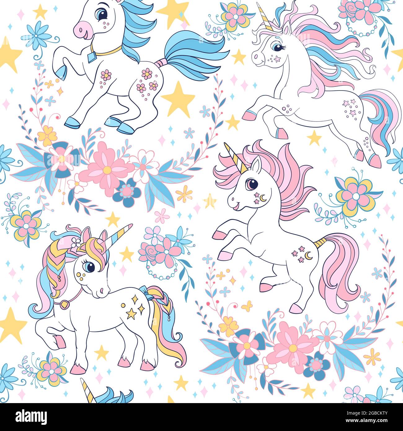 Seamless pattern with cute unicorns and floral elements. Vector ...