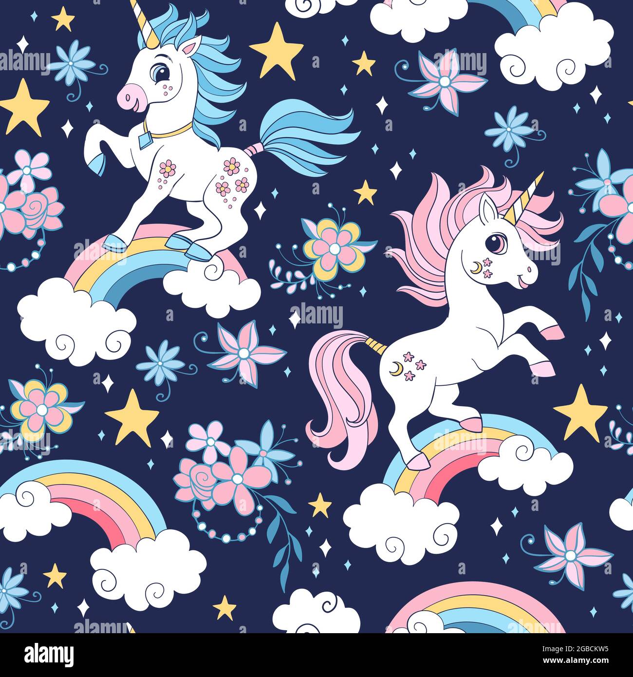 Seamless pattern with cute unicorns, cosmic and floral elements. Vector ...
