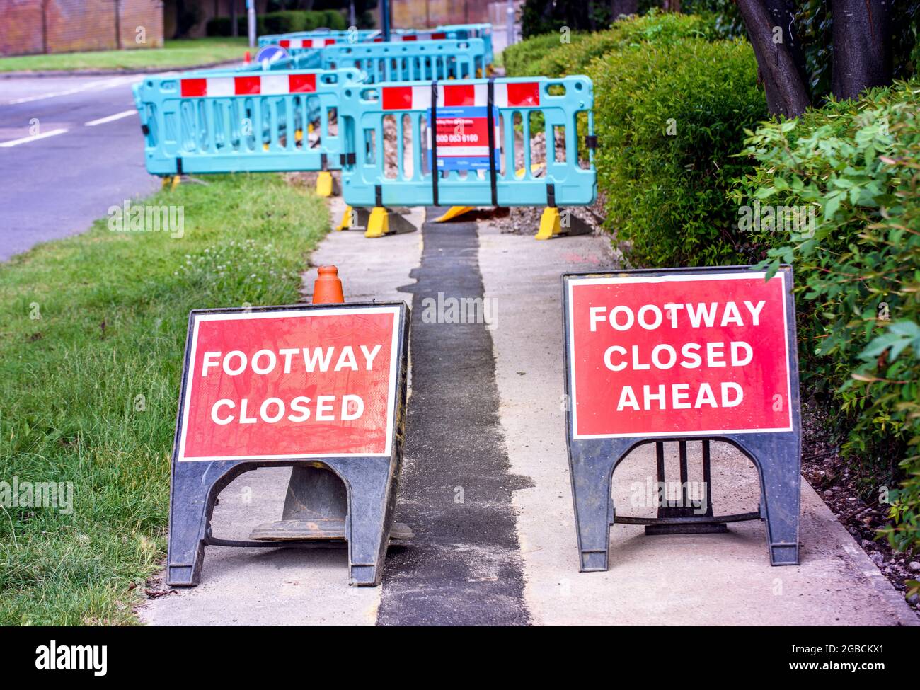 Footpath pavement footway sidewalk closed for road works by cityfibre city fibre laying broadband fibre optic cable. Hempstead Kent England UK Stock Photo