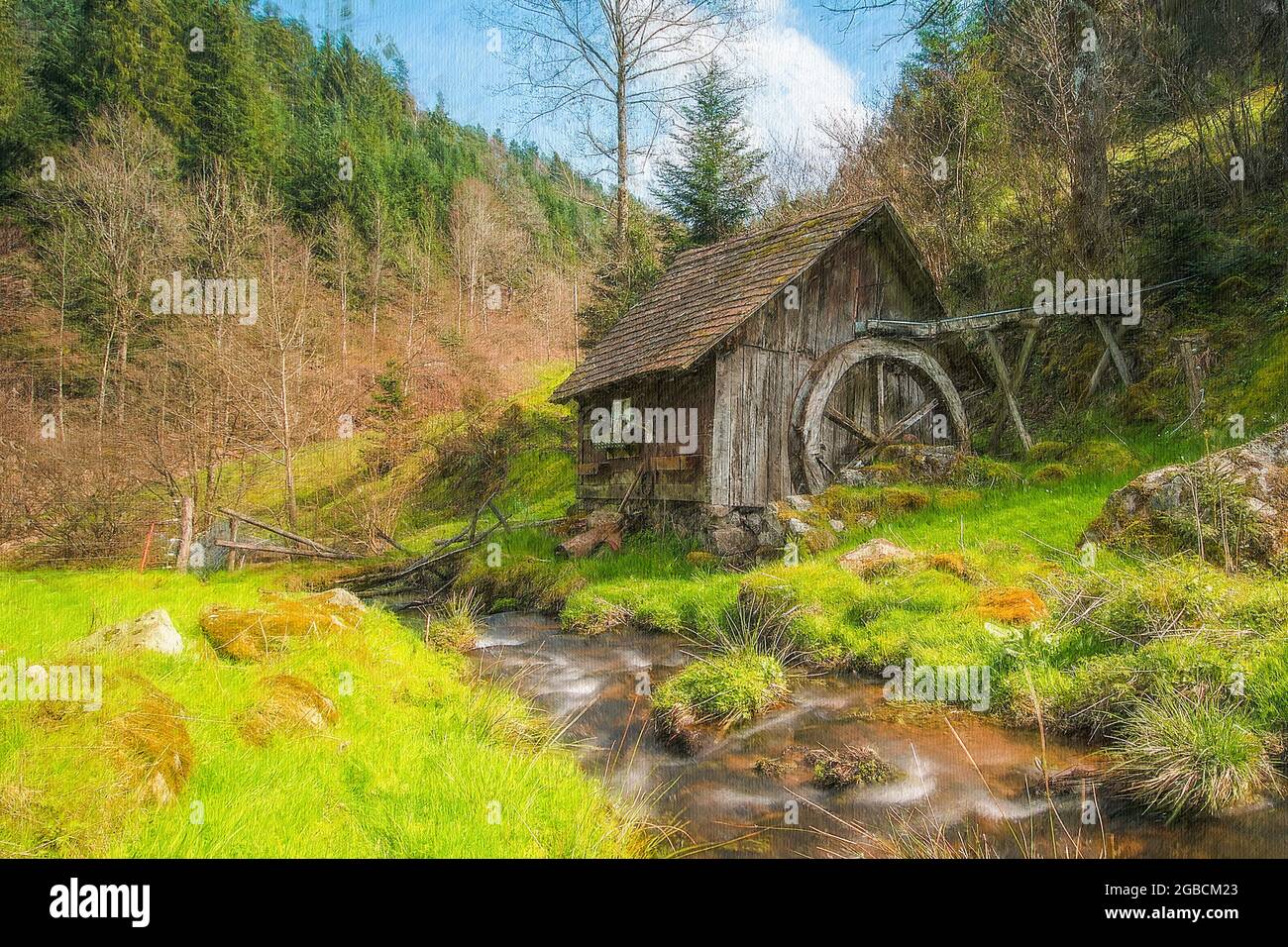 An old watermill besides a stream in the black forest Germany, given a painted and textured appearance. Stock Photo