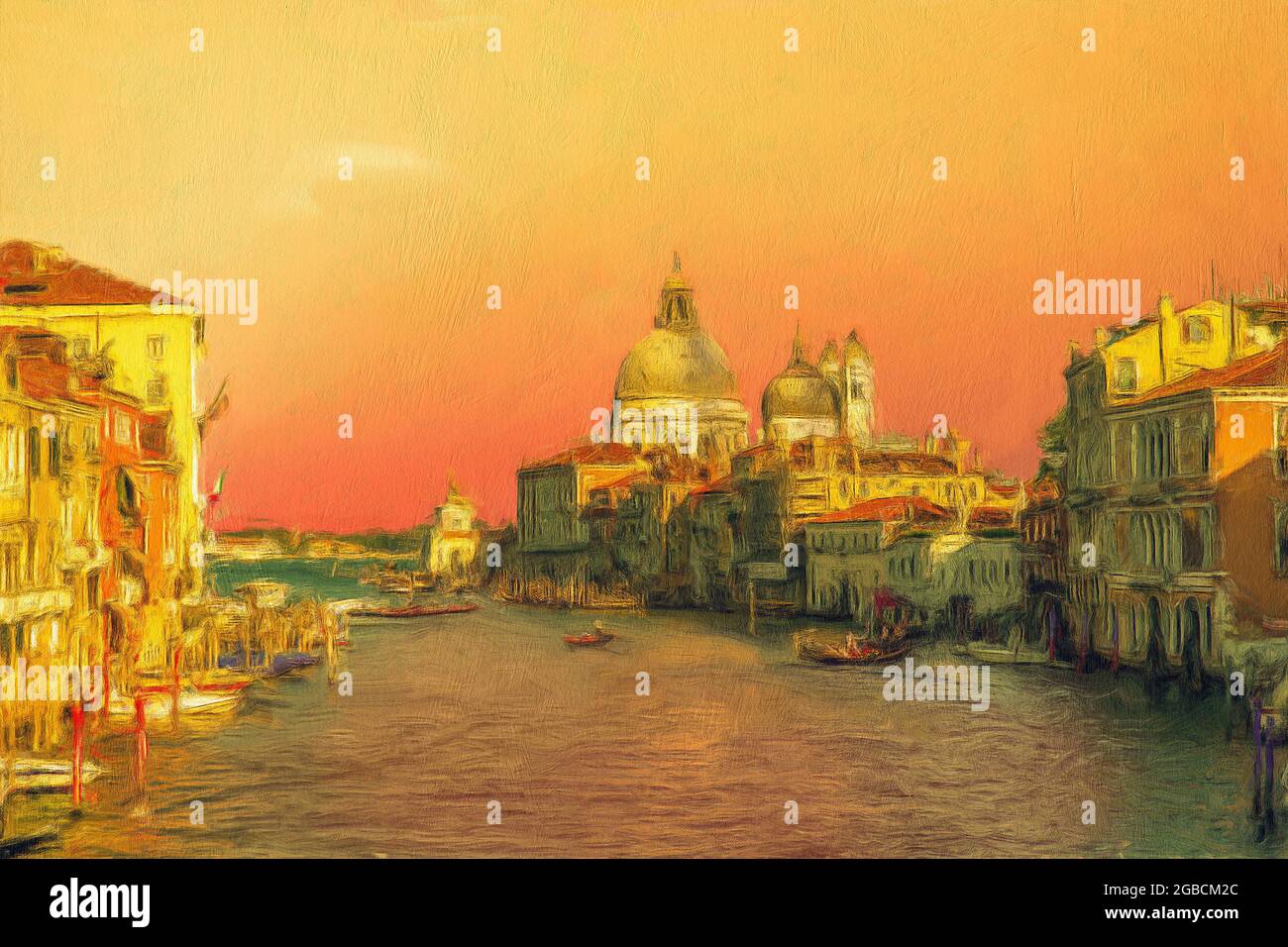 The grand canal Venice towards the Basilica Santa Maria della Salute, given a painted and textured effect Stock Photo