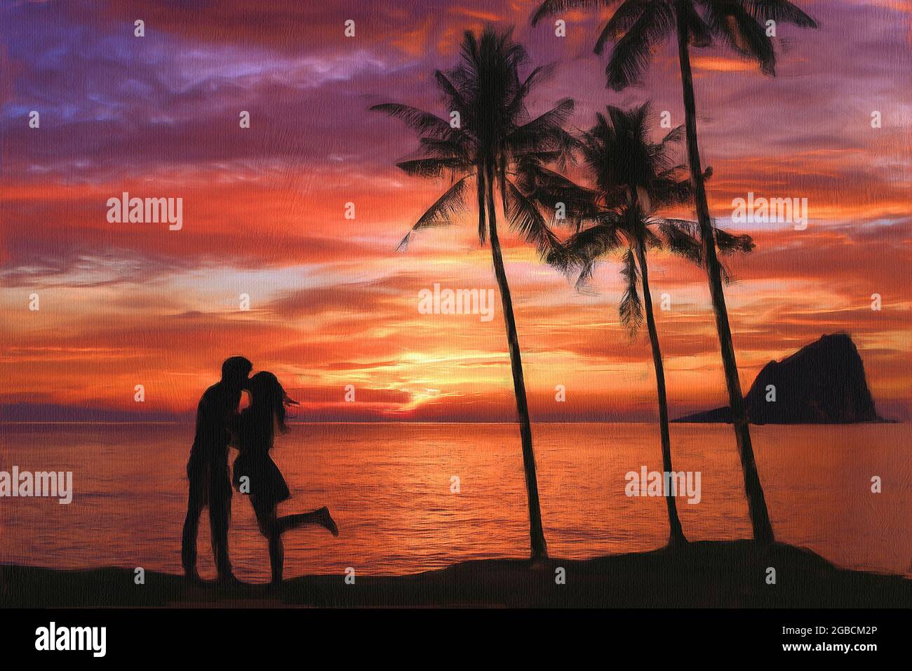 Young couple kissing against a dramatic sky and sunset given a painted and textured appearance. Stock Photo