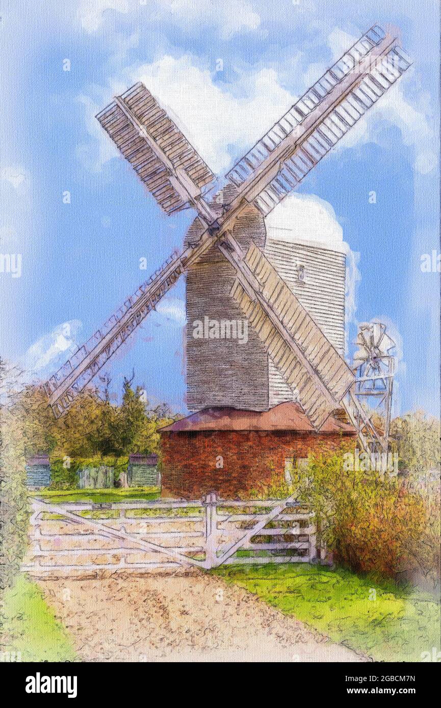 Image of Stanton windmill East Sussex with painted effect and added texture Stock Photo