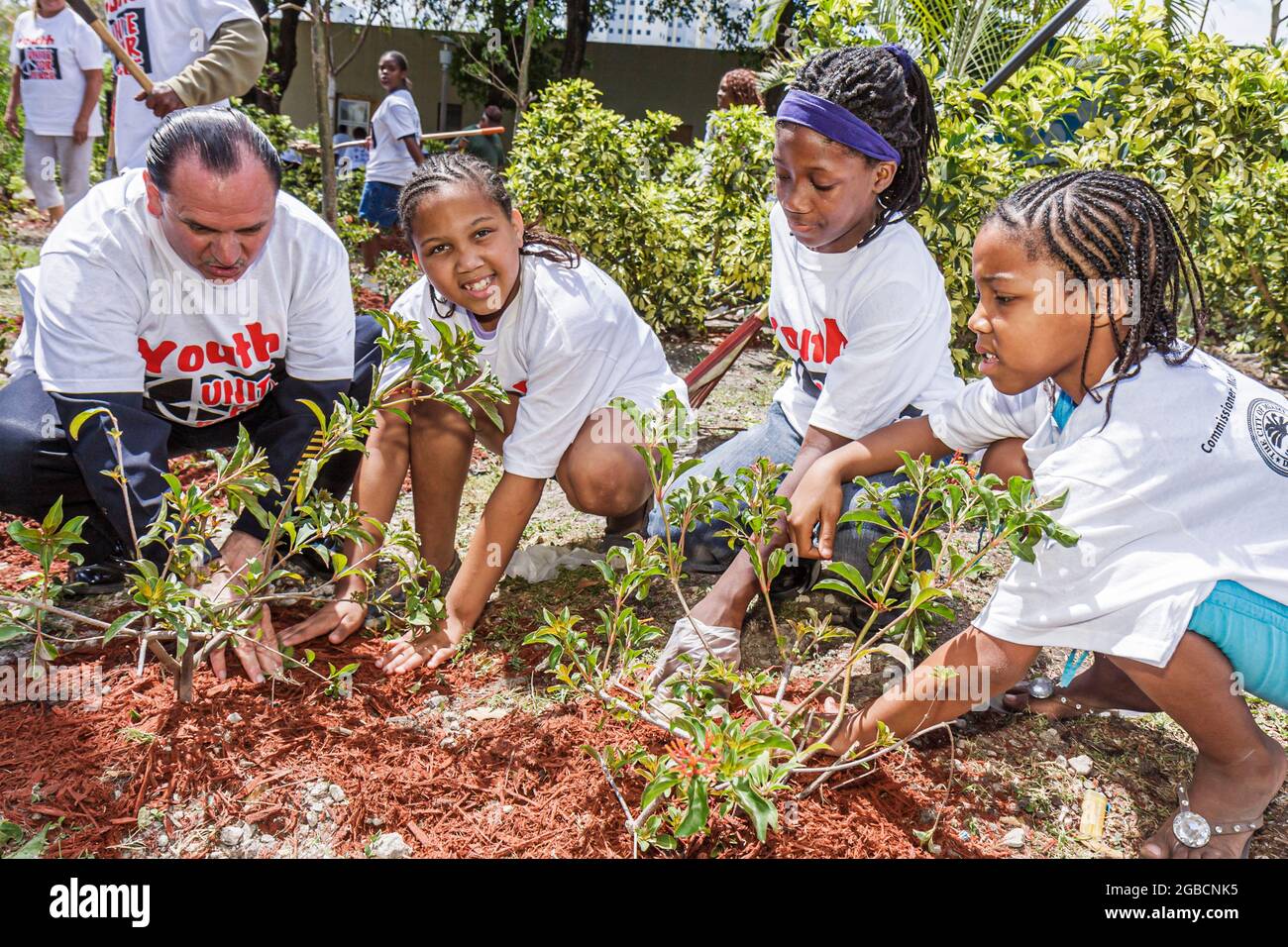 Miami Florida,Overtown Peace Park,Global Youth Service Day,tree volunteers volunteering students,Black man kids children planting garden girls. Stock Photo