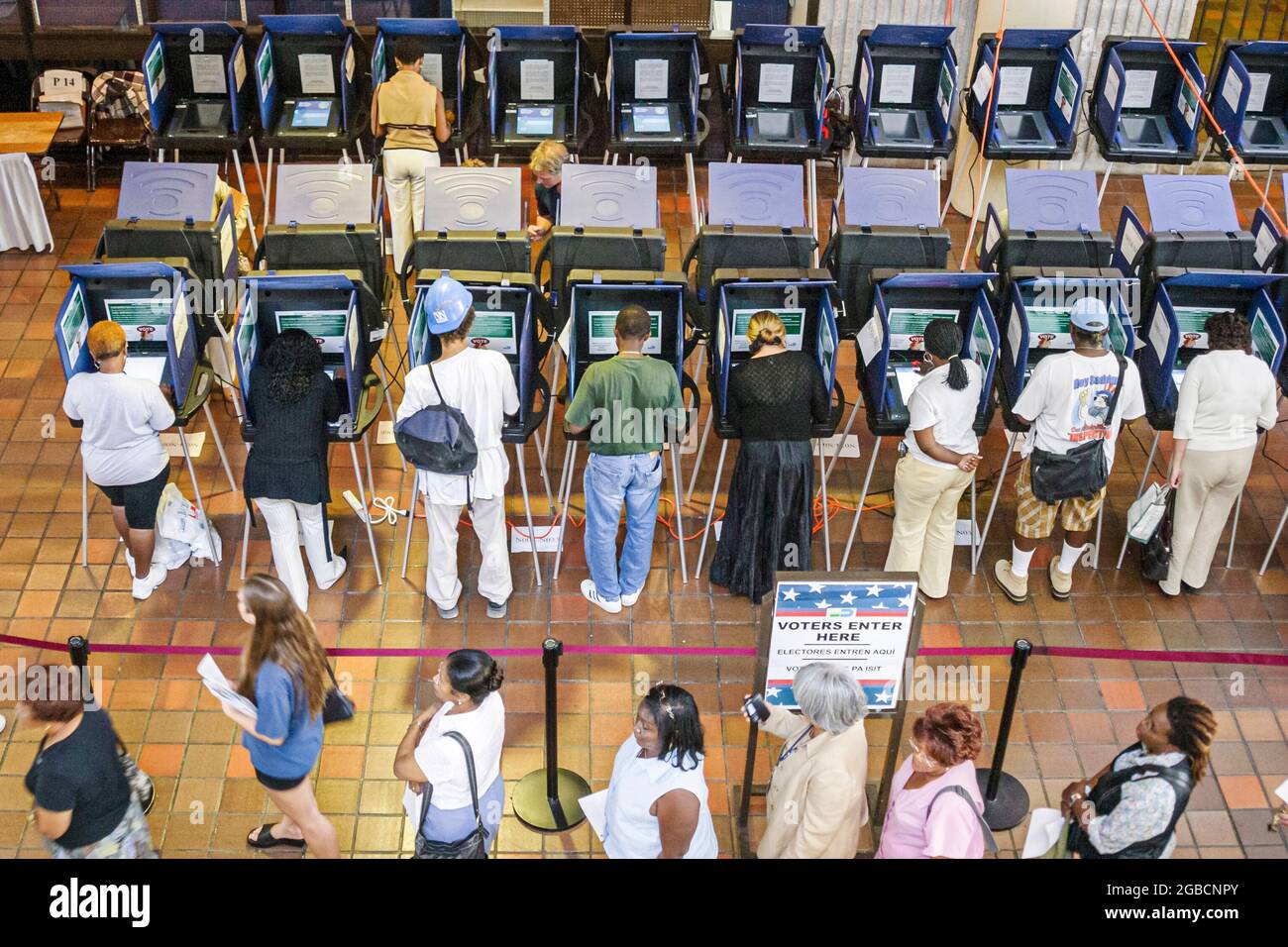 Miami Florida,Stephen P. Clark Government Center,presidential election early voters vote votes voting,touch screen booths overhead view from above Stock Photo
