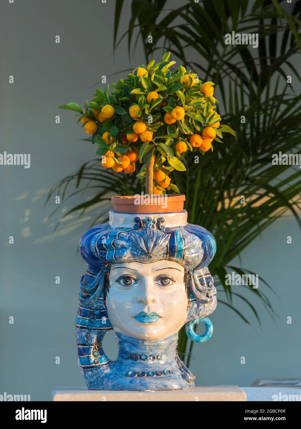 Taormina, Messina, Sicily, Italy. Sunlit miniature orange tree growing in magnificent ceramic Testa di Moro flowerpot in the form of a human head. Stock Photo